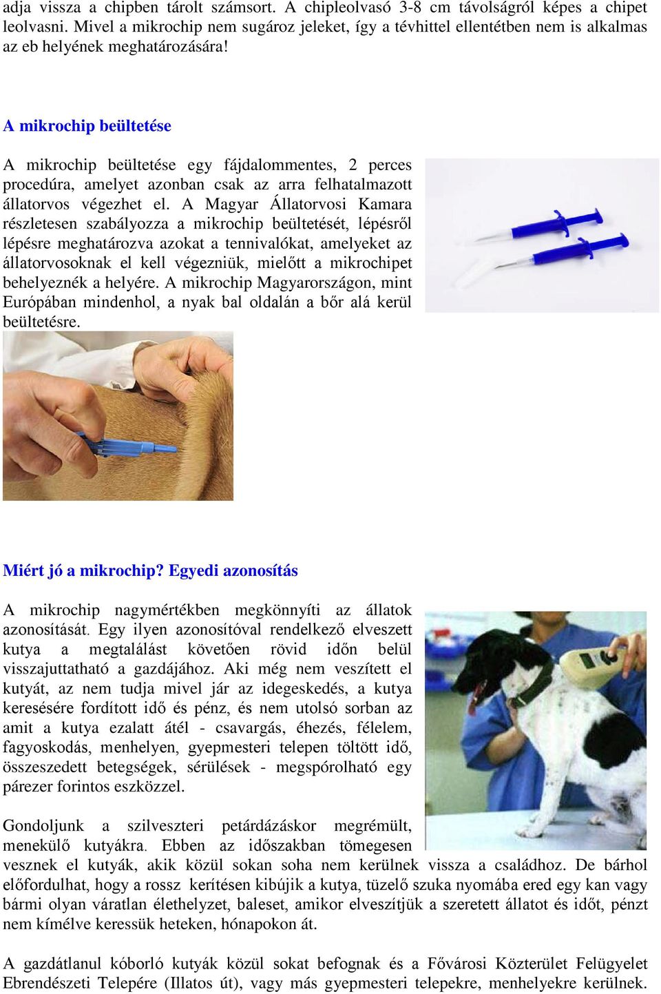 A mikrochip beültetése A mikrochip beültetése egy fájdalommentes, 2 perces procedúra, amelyet azonban csak az arra felhatalmazott állatorvos végezhet el.