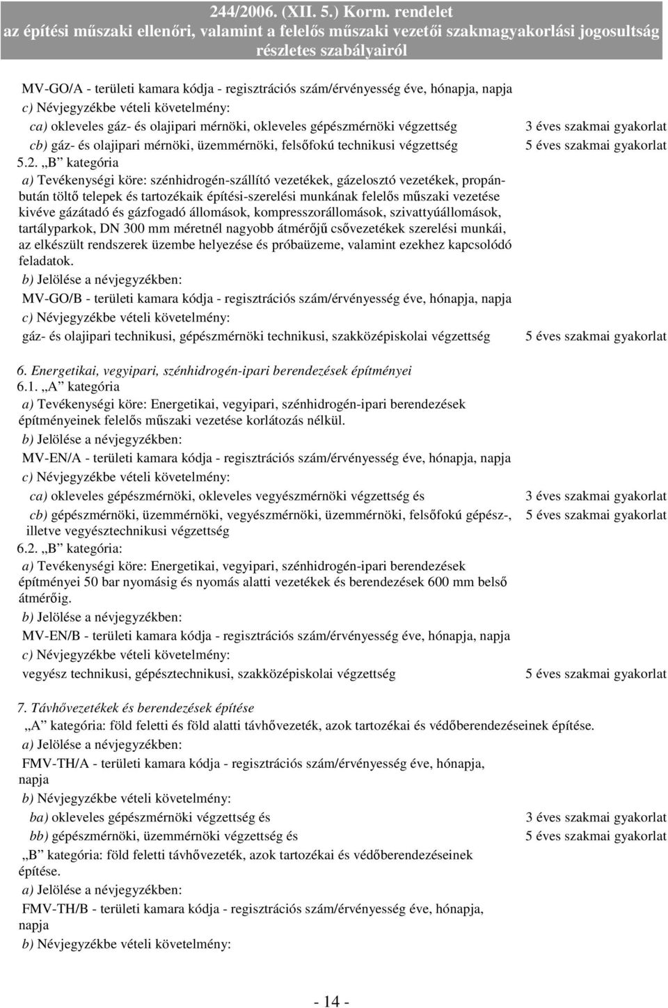 B kategória a) Tevékenységi köre: szénhidrogén-szállító vezetékek, gázelosztó vezetékek, propánbután töltı telepek és tartozékaik építési-szerelési munkának felelıs mőszaki vezetése kivéve gázátadó