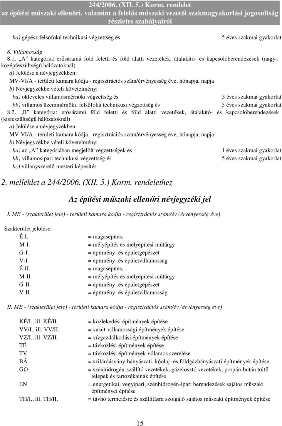 regisztrációs szám/érvényesség éve, hó, b) Névjegyzékbe vételi követelmény: ba) okleveles villamosmérnöki végzettség és bb) villamos üzemmérnöki, felsıfokú technikusi végzettség és 8.2.