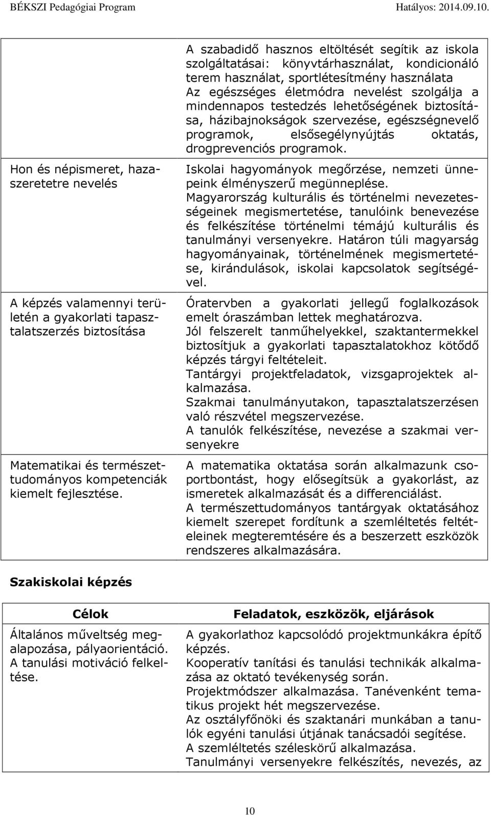 testedzés lehetőségének biztsítása, házibajnkságk szervezése, egészségnevelő prgramk, elsősegélynyújtás ktatás, drgprevenciós prgramk.