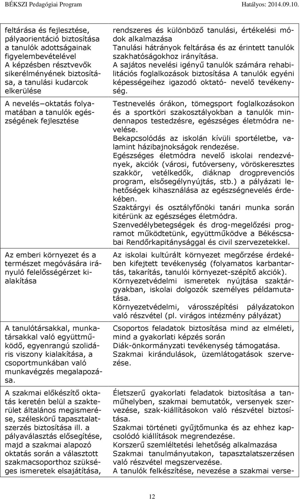 szlidáris viszny kialakítása, a csprtmunkában való munkavégzés megalapzása. A szakmai előkészítő ktatás keretén belül a szakterület általáns megismerése, széleskörű tapasztalatszerzés biztsítása ill.