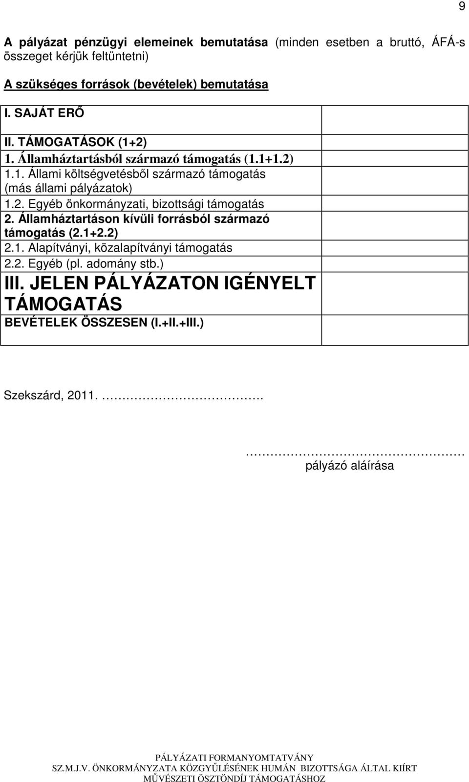 2. Egyéb önkormányzati, bizottsági támogatás 2. Államháztartáson kívüli forrásból származó támogatás (2.1+2.2) 2.1. Alapítványi, közalapítványi támogatás 2.