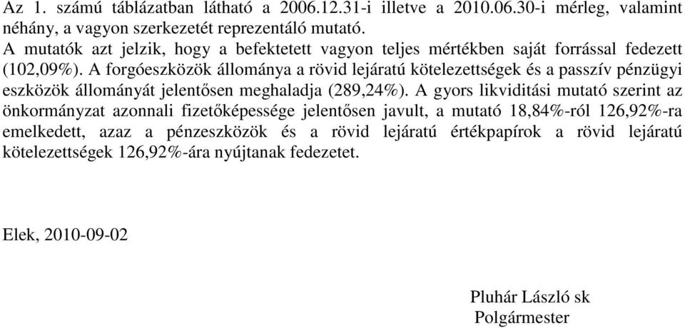 A forgóeszközök állománya a rövid lejáratú kötelezettségek és a passzív pénzügyi eszközök állományát jelentısen meghaladja (289,24%).