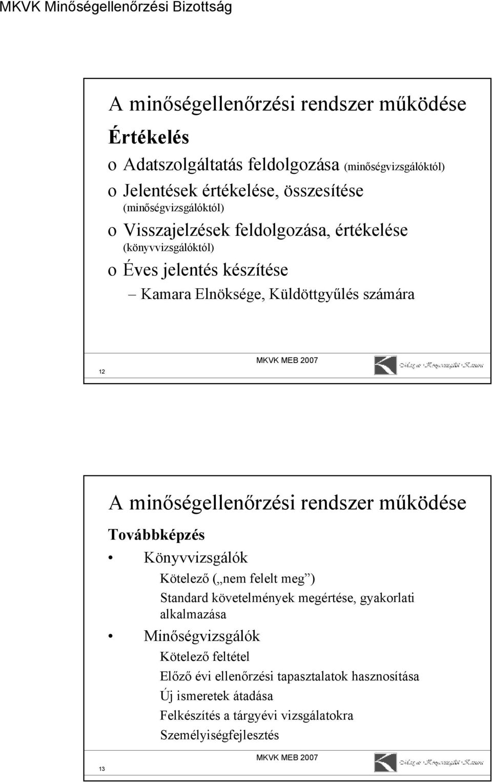 13 A minőségellenőrzési rendszer működése Toábbképzés Könyizsgálók Kötelező ( nem felelt meg ) Standard köetelmények megértése, gyakorlati