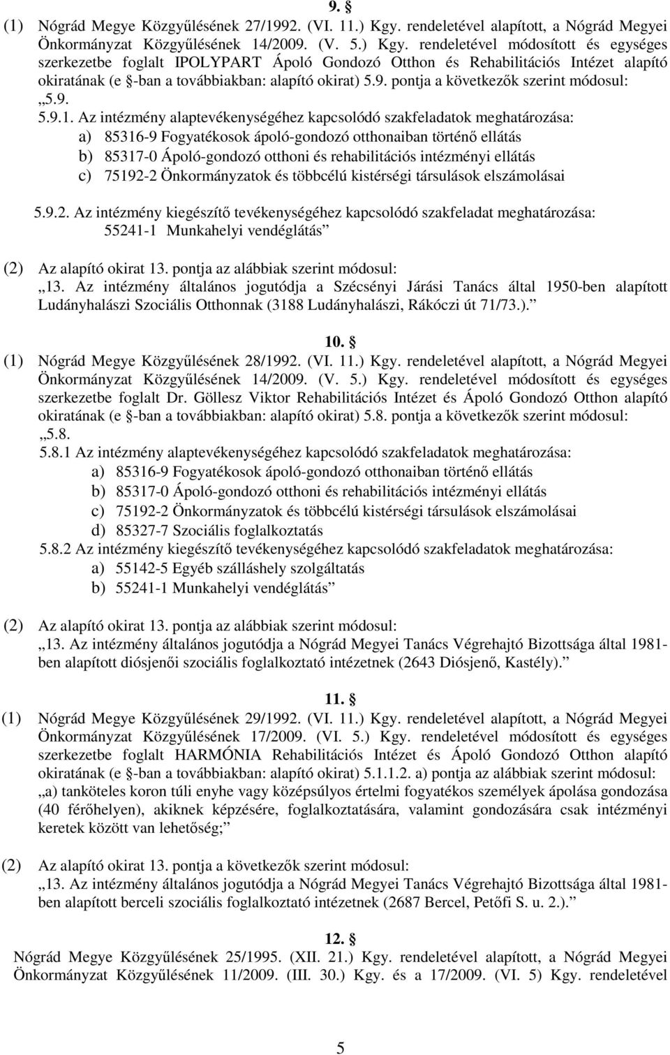 rendeletével módosított és egységes szerkezetbe foglalt IPOLYPART Ápoló Gondozó Otthon és Rehabilitációs Intézet alapító okiratának (e -ban a továbbiakban: alapító okirat) 5.9.