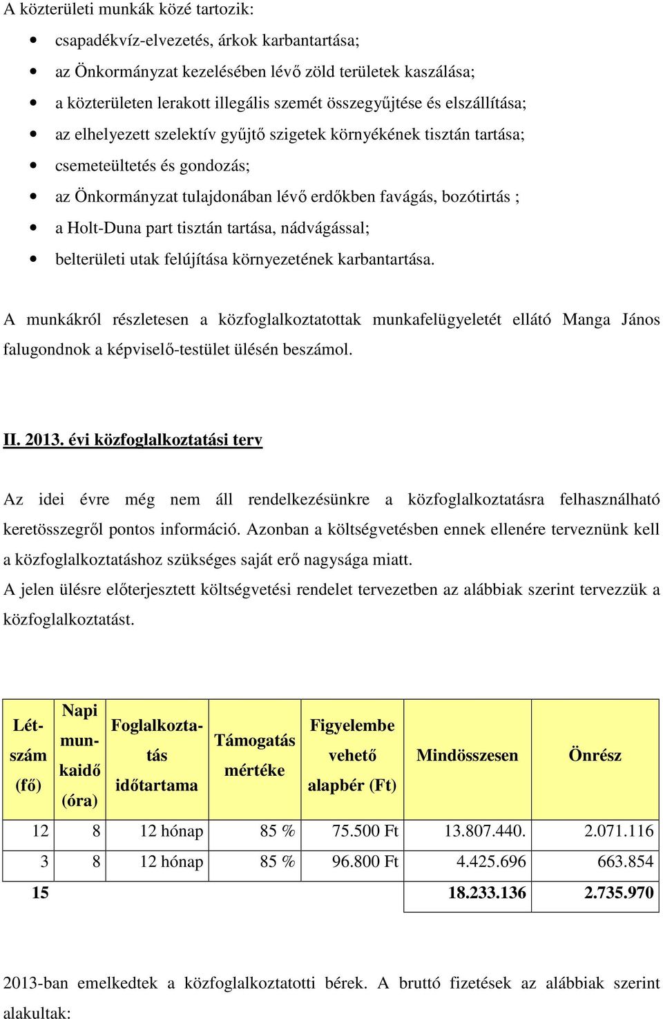 tisztán tartása, nádvágással; belterületi utak felújítása környezetének karbantartása.