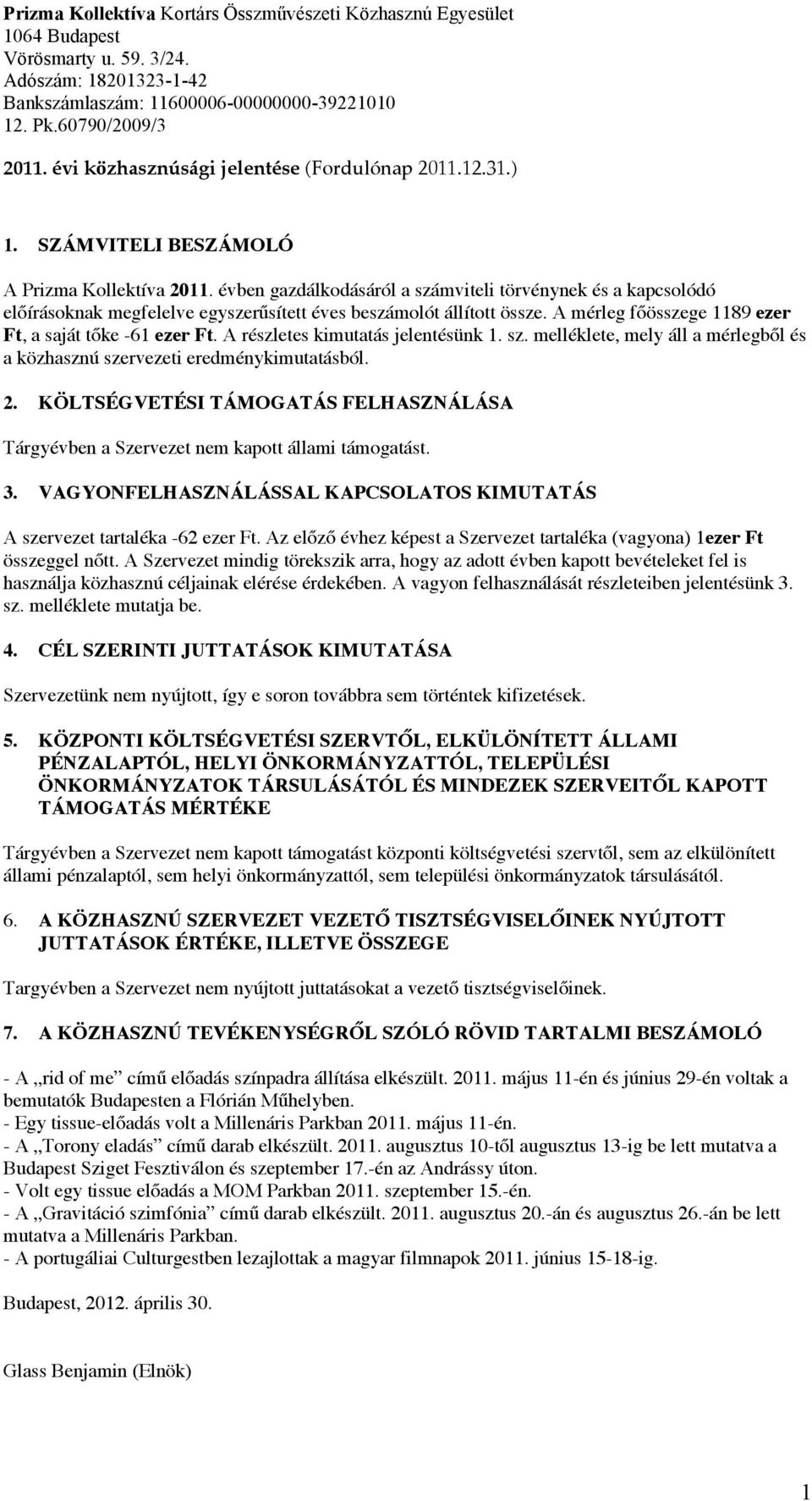 évben gazdálkodásáról a számviteli törvénynek és a kapcsolódó előírásoknak megfelelve egyszerűsített éves beszámolót állított össze. A mérleg főösszege 1189 ezer Ft, a saját tőke -61 ezer Ft.