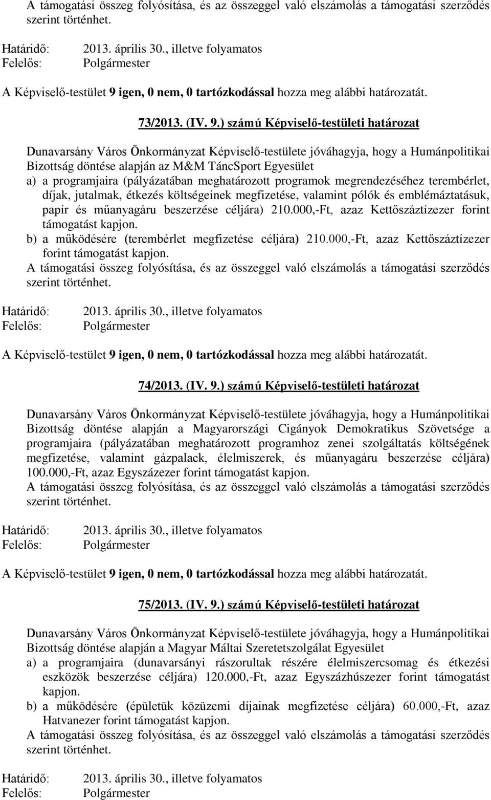 étkezés költségeinek megfizetése, valamint pólók és emblémáztatásuk, papír és műanyagáru beszerzése céljára) 210.000,-Ft, azaz Kettőszáztízezer forint támogatást kapjon.