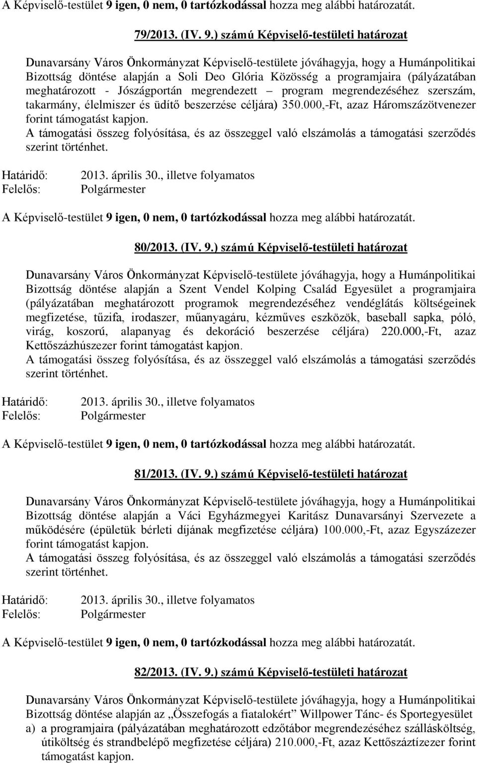 takarmány, élelmiszer és üdítő beszerzése céljára) 350.000,-Ft, azaz Háromszázötvenezer forint támogatást kapjon. 80/2013. (IV. 9.