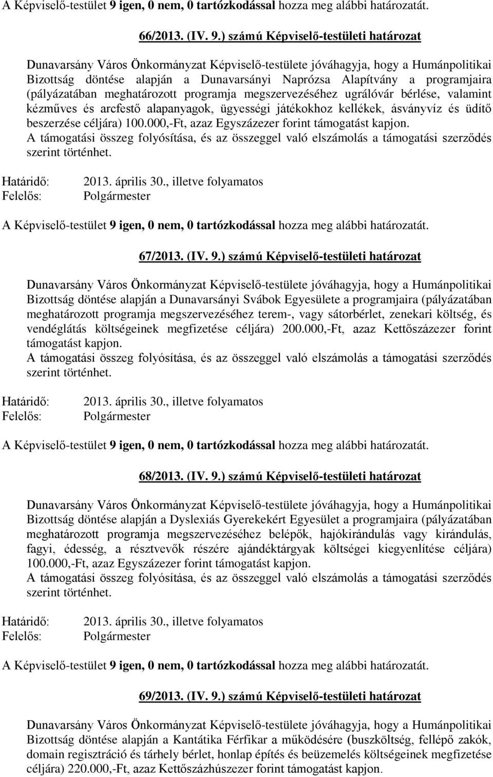 kézműves és arcfestő alapanyagok, ügyességi játékokhoz kellékek, ásványvíz és üdítő beszerzése céljára) 100.000,-Ft, azaz Egyszázezer forint támogatást kapjon. 67/2013. (IV. 9.