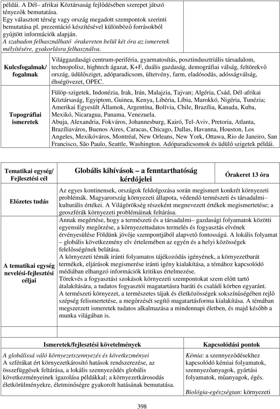 Kulcsfogalmak/ fogalmak Topográfiai ismeretek Világgazdasági centrum-periféria, gyarmatosítás, posztindusztriális társadalom, technopolisz, hightech ágazat, K+F, duális gazdaság, demográfiai válság,