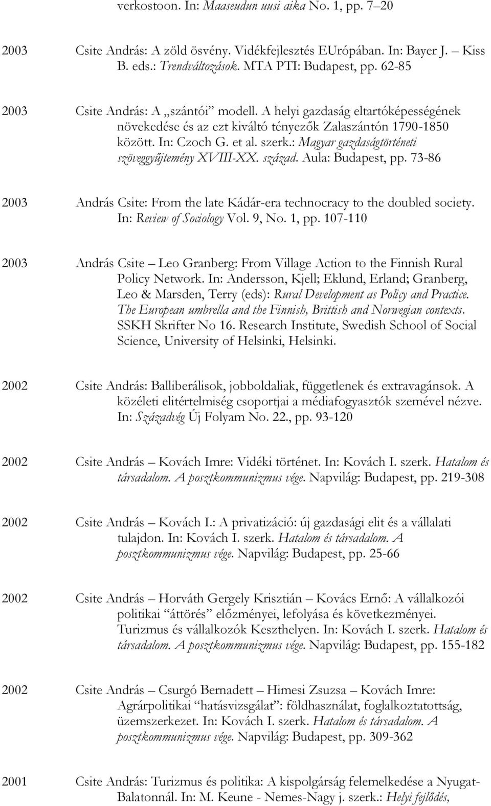 : Magyar gazdaságtörténeti szöveggyűjtemény XVIII-XX. század. Aula: Budapest, pp. 73-86 2003 András Csite: From the late Kádár-era technocracy to the doubled society. In: Review of Sociology Vol.