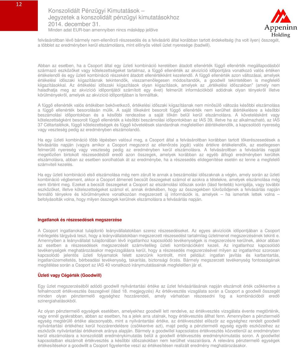 Abban az esetben, ha a Csoport által egy üzleti kombináció keretében átadott ellenérték függő ellenérték megállapodásból származó eszközöket vagy kötelezettségeket tartalmaz, a függő ellenérték az