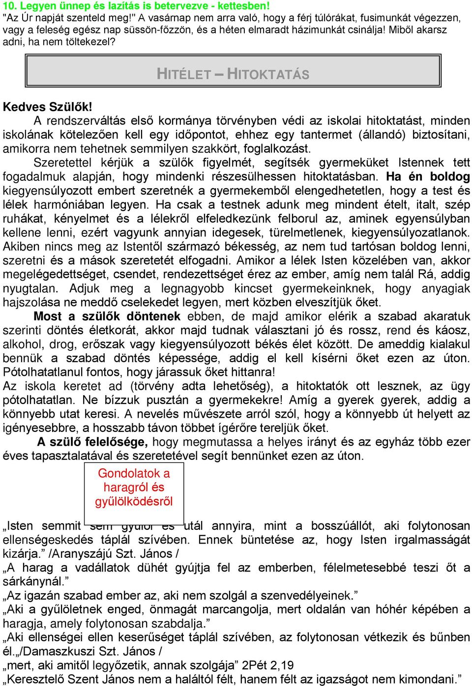 HITÉLET HITOKTATÁS Kedves Szülõk!