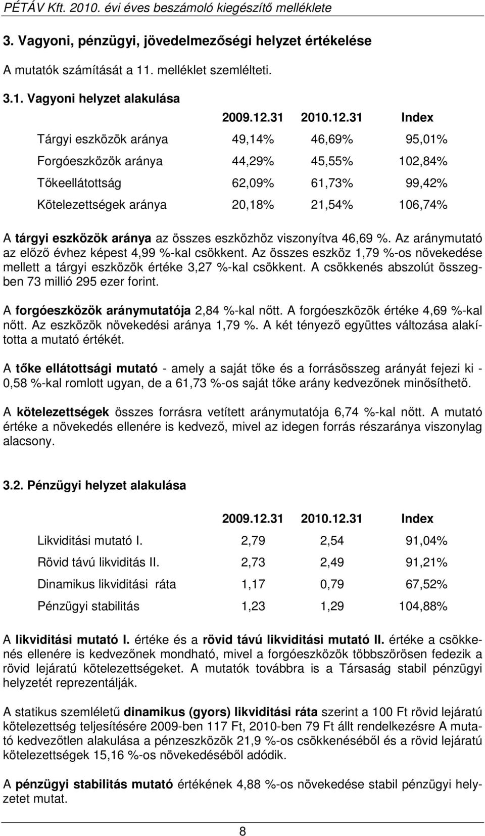 31 Index Tárgyi eszközök aránya 49,14% 46,69% 95,01% Forgóeszközök aránya 44,29% 45,55% 102,84% Tıkeellátottság 62,09% 61,73% 99,42% Kötelezettségek aránya 20,18% 21,54% 106,74% A tárgyi eszközök