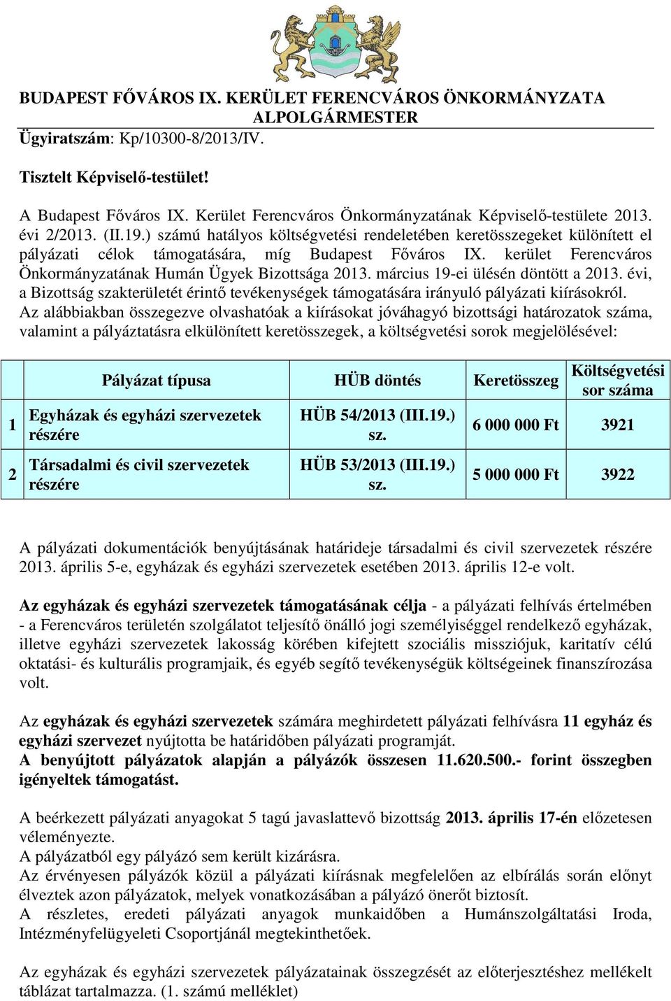 ) számú hatályos költségvetési rendeletében keretösszegeket különített el pályázati célok ára, míg Budapest Főváros IX. kerület Ferencváros Önkormányzatának Humán Ügyek Bizottsága 2013.