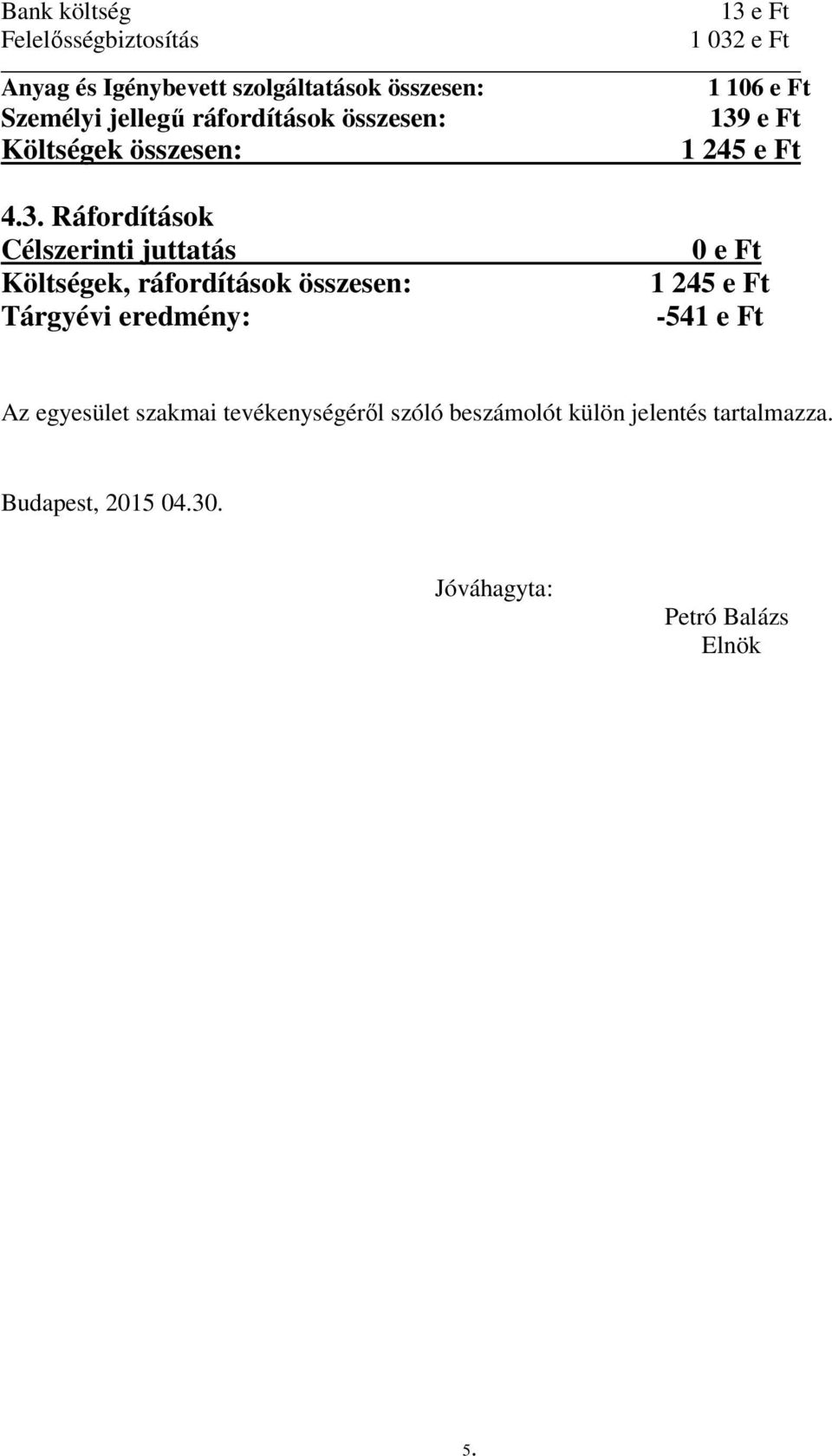 Ráfordítások Célszerinti juttatás Költségek, ráfordítások összesen: Tárgyévi eredmény: 13 e Ft 1 032