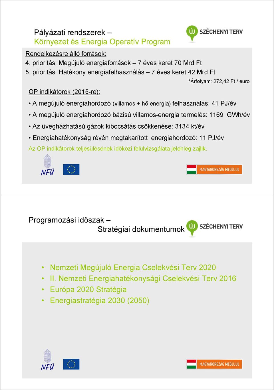 megújuló energiahordozó bázisú villamos-energia termelés: 1169 GWh/év Az üvegházhatású gázok kibocsátás csökkenése: 3134 kt/év Energiahatékonyság révén megtakarított energiahordozó: 11 PJ/év Az OP