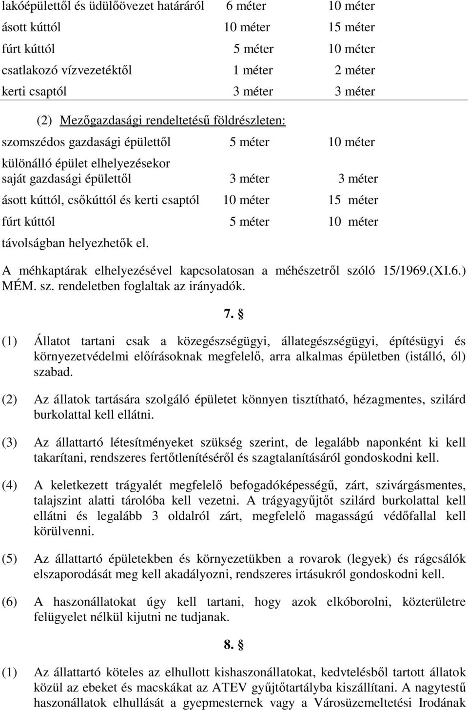 csaptól 10 méter 15 méter fúrt kúttól 5 méter 10 méter távolságban helyezhetők el. A méhkaptárak elhelyezésével kapcsolatosan a méhészetről szóló 15/1969.(XI.6.) MÉM. sz. rendeletben foglaltak az irányadók.