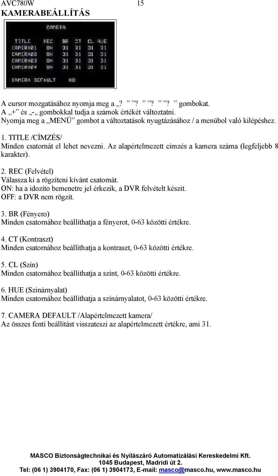 Az alapértelmezett címzés a kamera száma (legfeljebb 8 karakter). 2. REC (Felvétel) Válassza ki a rögzíteni kívánt csatornát. ON: ha a idozíto bemenetre jel érkezik, a DVR felvételt készít.