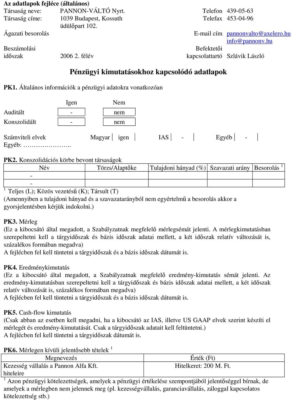 Általános információk a pénzügyi adatokra vonatkozóan Igen Nem Auditált - nem Konszolidált - nem Számviteli elvek Magyar igen IAS - Egyéb - Egyéb:.. PK2.