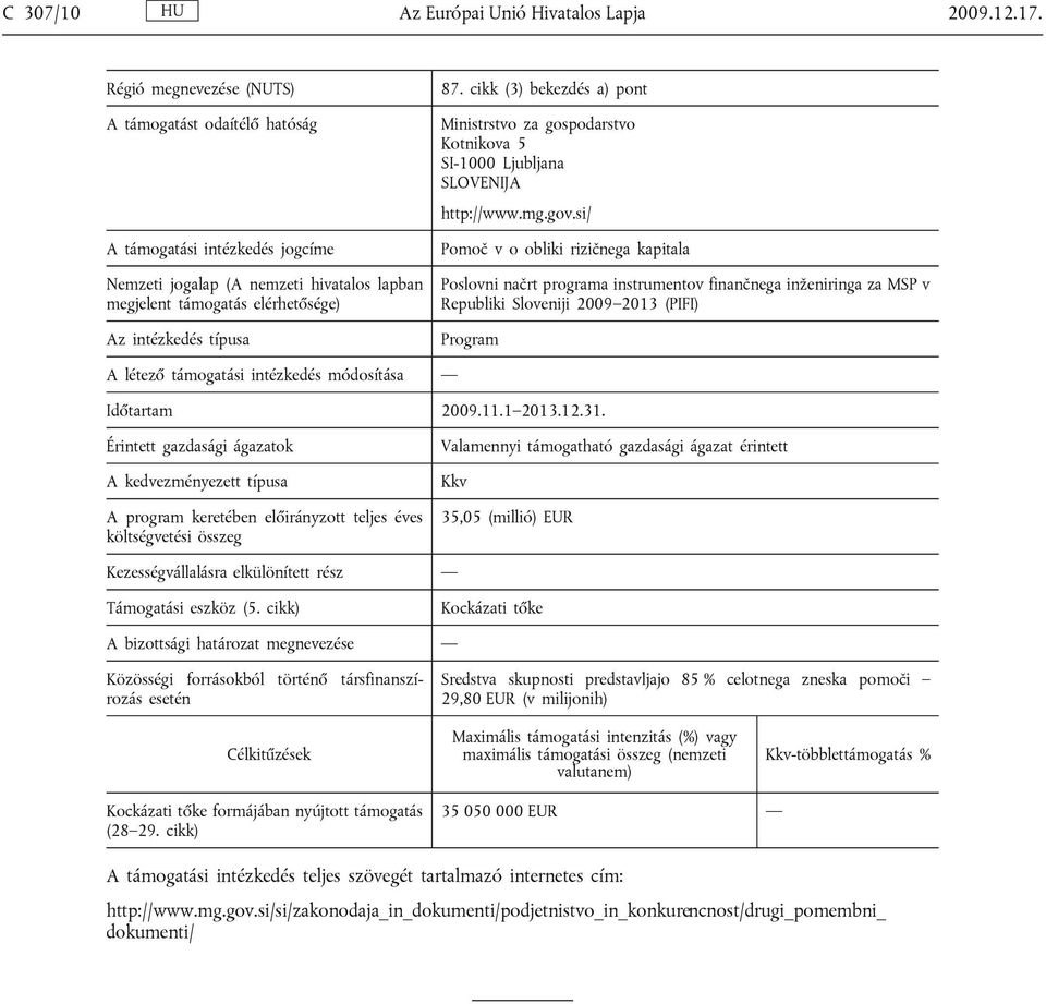 cikk (3) bekezdés a) pont Ministrstvo za gospodarstvo Kotnikova 5 SI-1000 Ljubljana SLOVENIJA http://www.mg.gov.