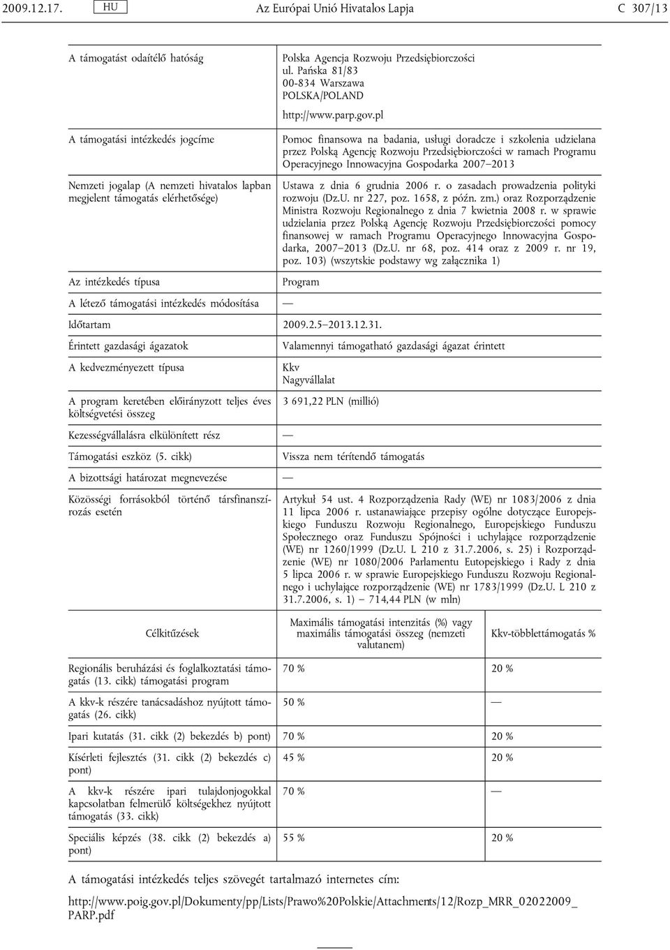 badania, usługi doradcze i szkolenia udzielana przez Polską Agencję Rozwoju Przedsiębiorczości w ramach Programu Operacyjnego Innowacyjna Gospodarka 2007 2013 Ustawa z dnia 6 grudnia 2006 r.