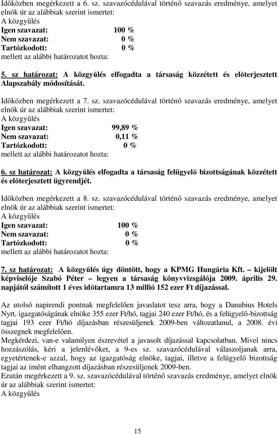 sz határozat: elfogadta a társaság közzétett és előterjesztett Alapszabály módosítását. Időközben megérkezett a 7. sz.