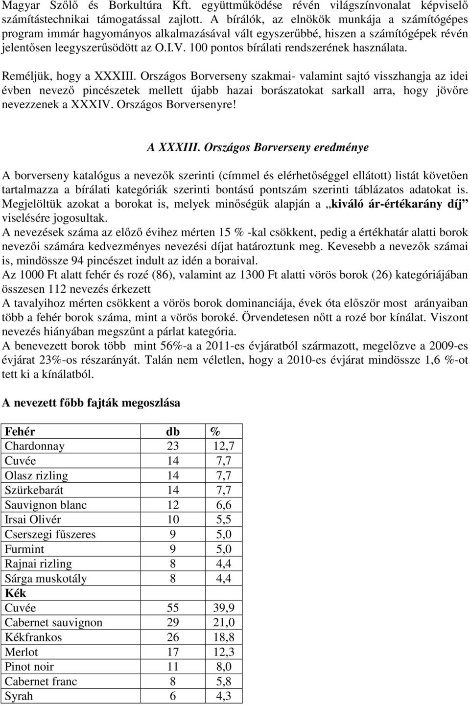 100 pontos bírálati rendszerének használata. Reméljük, hogy a XXXIII.