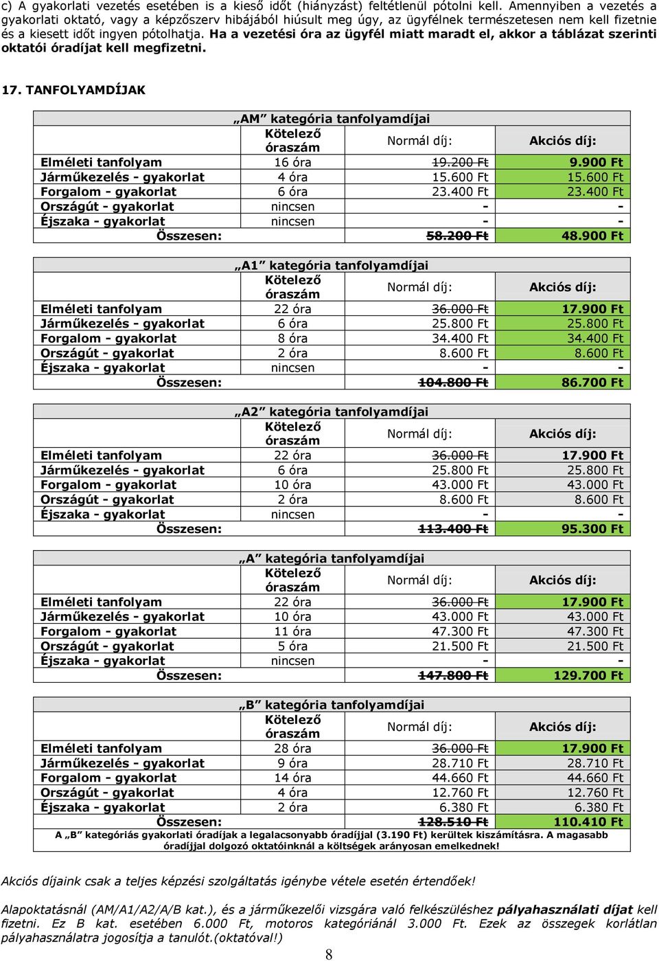 Ha a vezetési óra az ügyfél miatt maradt el, akkor a táblázat szerinti oktatói óradíjat kell megfizetni. 17.