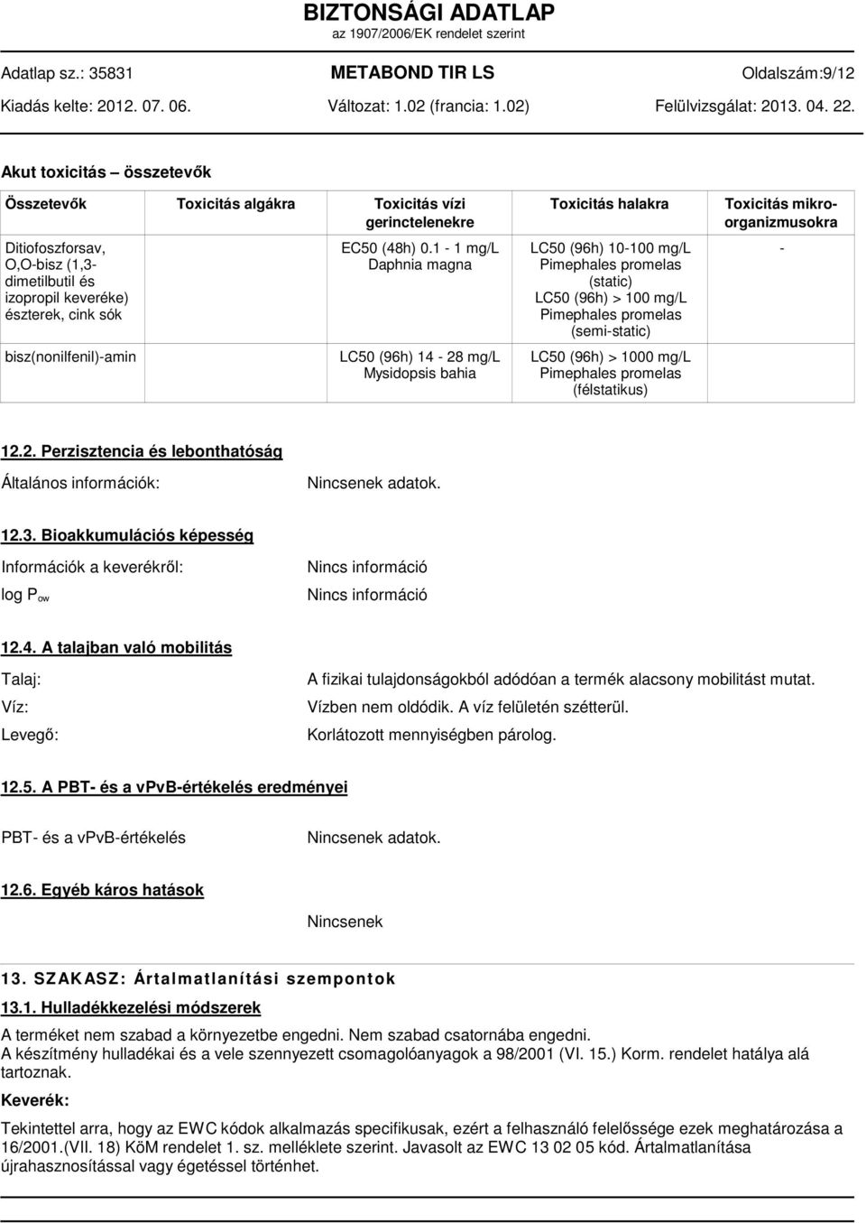 1-1 mg/l Daphnia magna LC50 (96h) 14-28 mg/l Mysidopsis bahia Toxicitás halakra LC50 (96h) 10-100 mg/l Pimephales promelas (static) LC50 (96h) > 100 mg/l Pimephales promelas (semi-static) LC50 (96h)