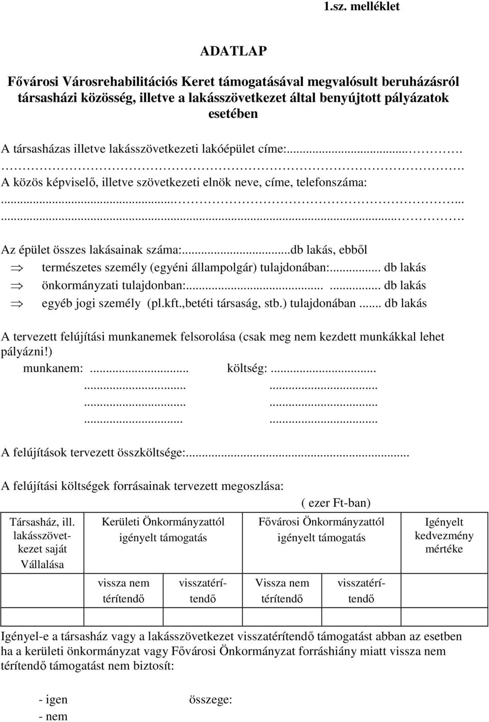 ..db lakás, ebből természetes személy (egyéni állampolgár) tulajdonában:... db lakás önkormányzati tulajdonban:...... db lakás egyéb jogi személy (pl.kft.,betéti társaság, stb.) tulajdonában... db lakás A tervezett felújítási munkanemek felsorolása (csak meg nem kezdett munkákkal lehet pályázni!