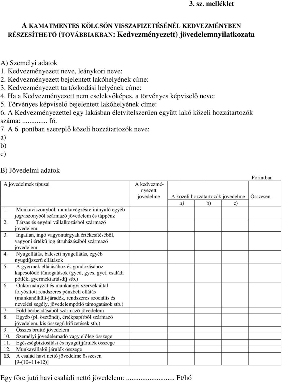 Törvényes képviselő bejelentett lakóhelyének címe: 6. A Kedvezményezettel egy lakásban életvitelszerűen együtt lakó közeli hozzátartozók száma:... fő. 7. A 6.