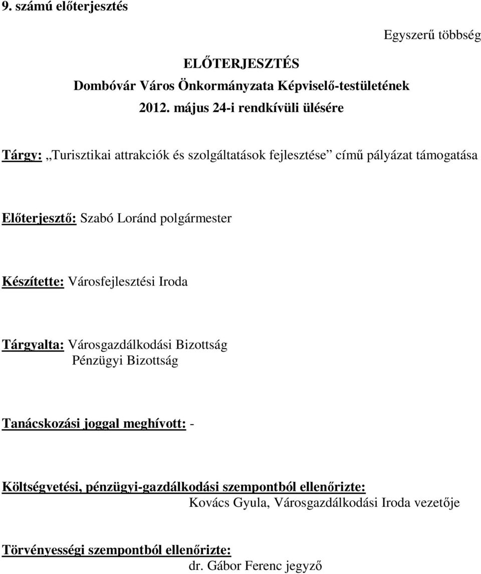 Loránd polgármester Készítette: Városfejlesztési Iroda Tárgyalta: Városgazdálkodási Bizottság Pénzügyi Bizottság Tanácskozási joggal