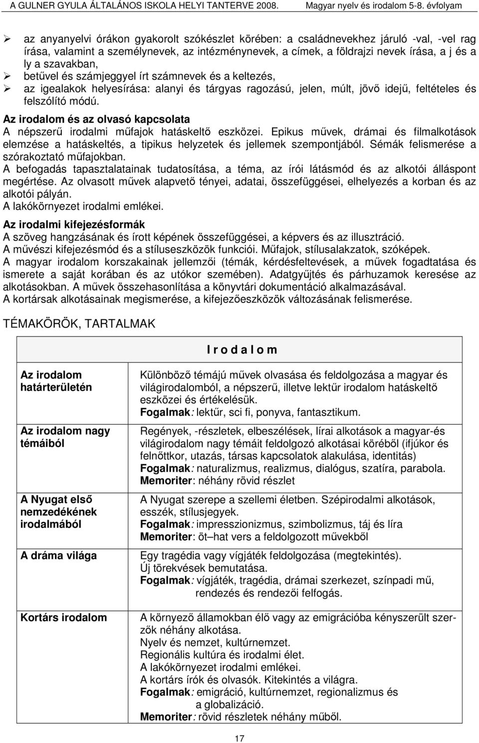 Az irodalom és az olvasó kapcsolata A népszerő irodalmi mőfajok hatáskeltı eszközei. Epikus mővek, drámai és filmalkotások elemzése a hatáskeltés, a tipikus helyzetek és jellemek szempontjából.