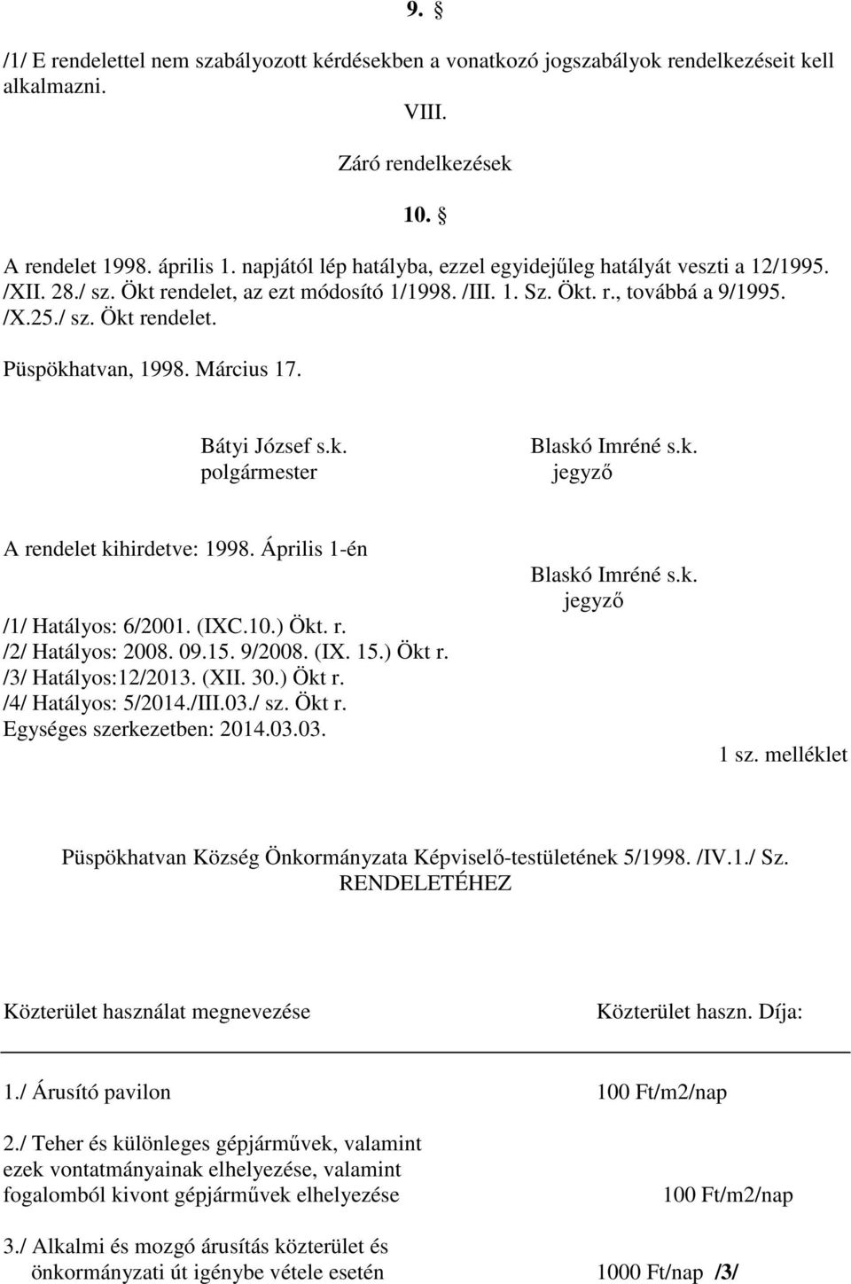 Március 17. Bátyi József s.k. polgármester Blaskó Imréné s.k. jegyző A rendelet kihirdetve: 1998. Április 1-én /1/ Hatályos: 6/2001. (IXC.10.) Ökt. r. /2/ Hatályos: 2008. 09.15. 9/2008. (IX. 15.