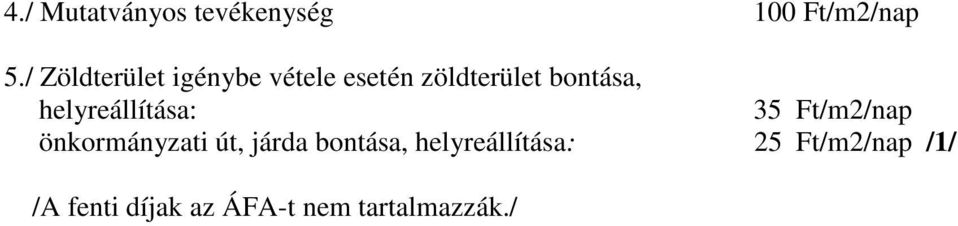 helyreállítása: 35 Ft/m2/nap önkormányzati út, járda
