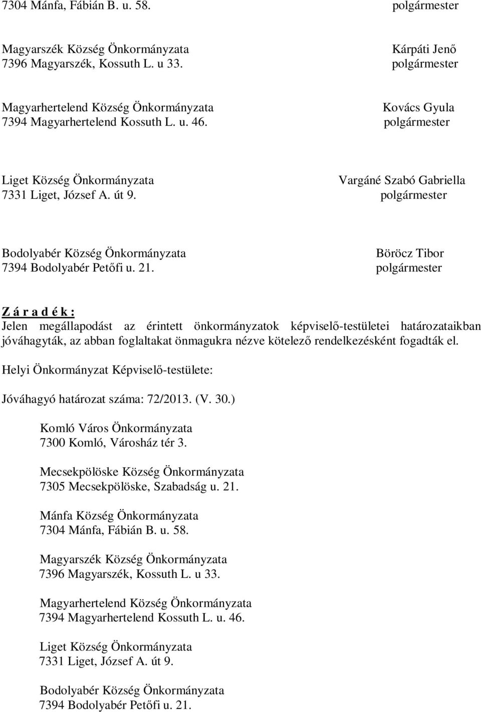 polgármester Bodolyabér Község Önkormányzata Böröcz Tibor 7394 Bodolyabér Petőfi u. 21.