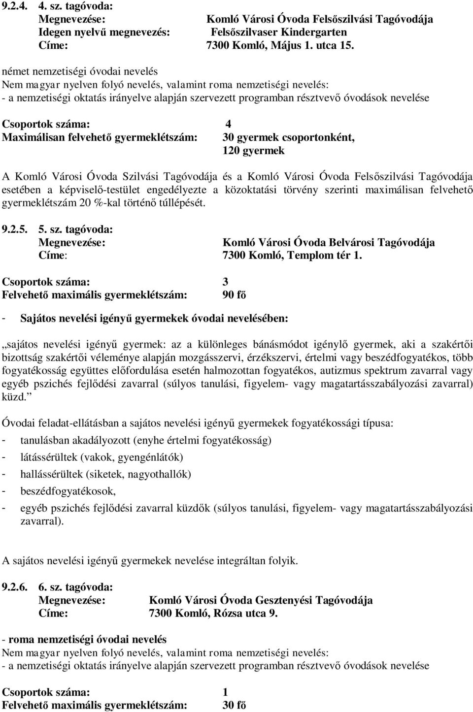 Csoportok száma: 4 Maximálisan felvehető gyermeklétszám: 30 gyermek csoportonként, 120 gyermek A Komló Városi Óvoda Szilvási Tagóvodája és a Komló Városi Óvoda Felsőszilvási Tagóvodája esetében a