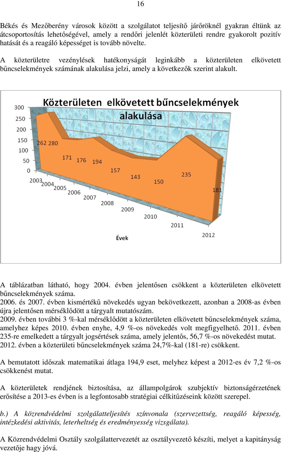 A táblázatban látható, hogy 2004. évben jelentősen csökkent a közterületen elkövetett bűncselekmények száma. 2006. és 2007.