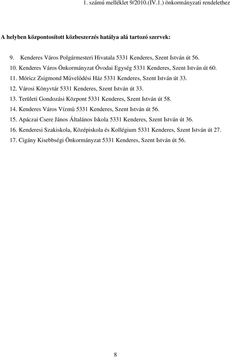 Móricz Zsigmond Mővelıdési Ház 5331 Kenderes, Szent István út 33. 12. Városi Könyvtár 5331 Kenderes, Szent István út 33. 13. Területi Gondozási Központ 5331 Kenderes, Szent István út 58. 14.