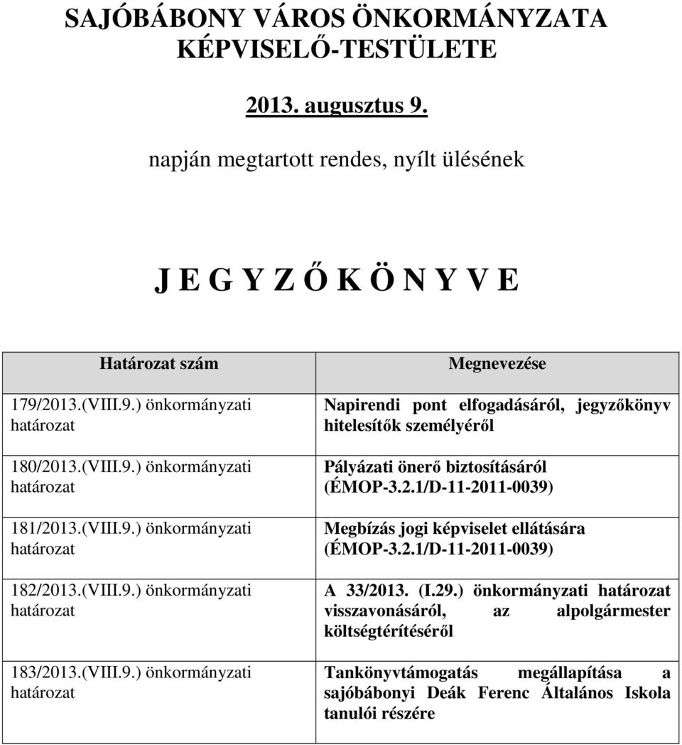 2.1/D-11-2011-0039) Megbízás jogi képviselet ellátására (ÉMOP-3.2.1/D-11-2011-0039) A 33/2013. (I.29.