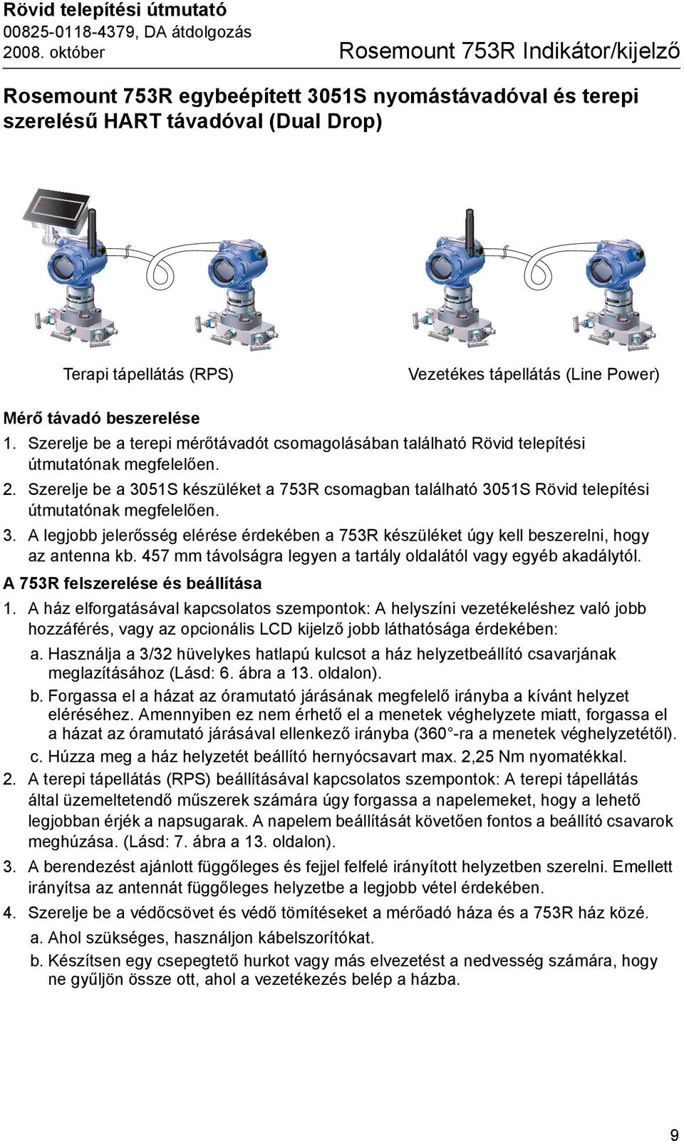 Mérő távadó beszerelése 1. Szerelje be a terepi mérőtávadót csomagolásában található Rövid telepítési útmutatónak megfelelően. 2.