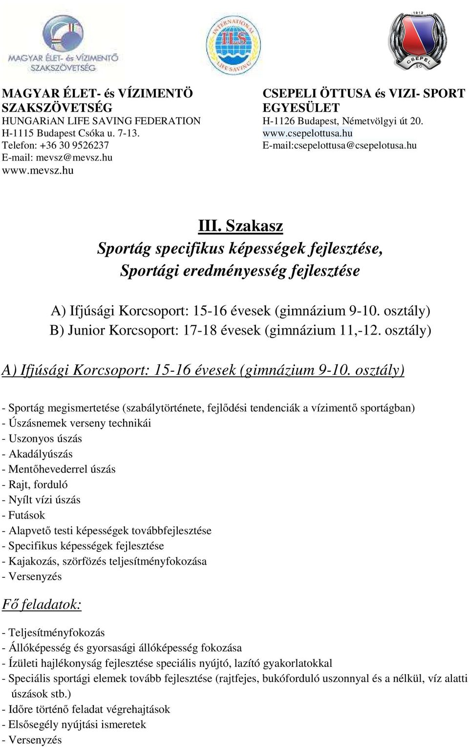 Sportiskolai Kerettanterv Vízimentés Sportágra - PDF Ingyenes letöltés