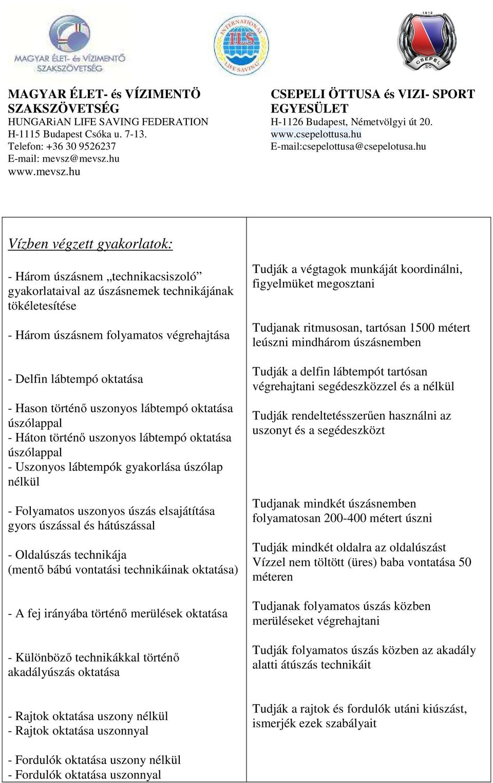 úszással és hátúszással - Oldalúszás technikája (mentő bábú vontatási technikáinak oktatása) - A fej irányába történő merülések oktatása - Különböző technikákkal történő akadályúszás oktatása Tudják