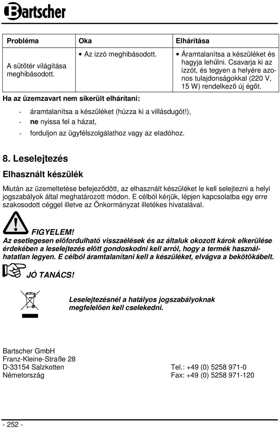 Csavarja ki az izzót, és tegyen a helyére azonos tulajdonságokkal (220 V, 15 W) rendelkező új égőt. 8.