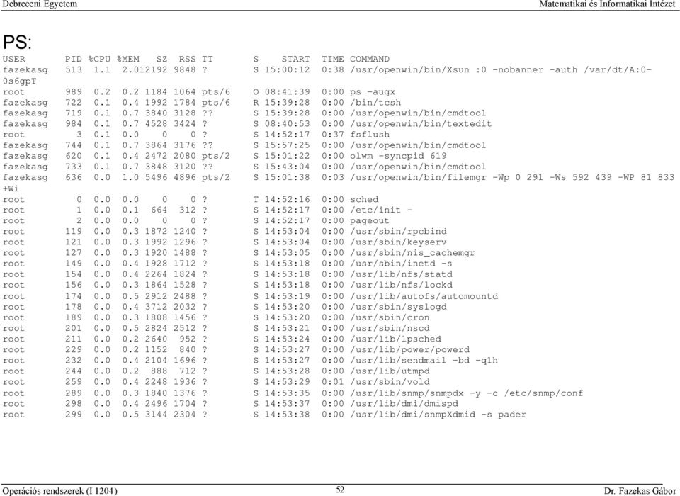 S 08:40:53 0:00 /usr/openwin/bin/textedit root 3 0.1 0.0 0 0? S 14:52:17 0:37 fsflush fazekasg 744 0.1 0.7 3864 3176?? S 15:57:25 0:00 /usr/openwin/bin/cmdtool fazekasg 620 0.1 0.4 2472 2080 pts/2 S 15:01:22 0:00 olwm -syncpid 619 fazekasg 733 0.