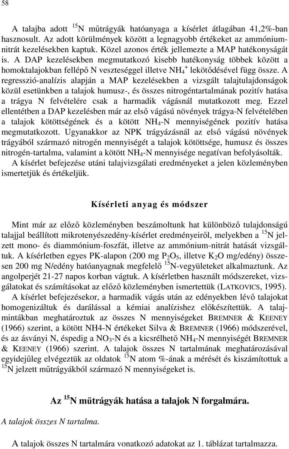 A regresszió-analízis alapján a MAP kezelésekben a vizsgált talajtulajdonságok közül esetünkben a talajok humusz-, és összes nitrogéntartalmának pozitív hatása a trágya N felvételére csak a harmadik