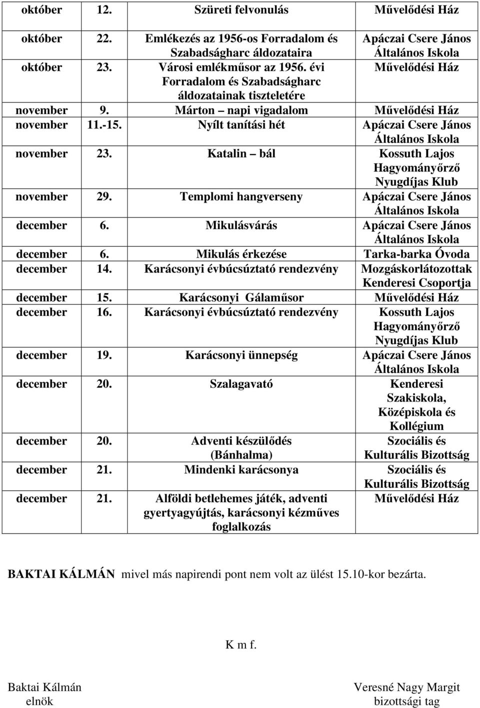 Katalin bál Kossuth Lajos Hagyományőrző Nyugdíjas Klub november 29. Templomi hangverseny Apáczai Csere János december 6. Mikulásvárás Apáczai Csere János december 6.