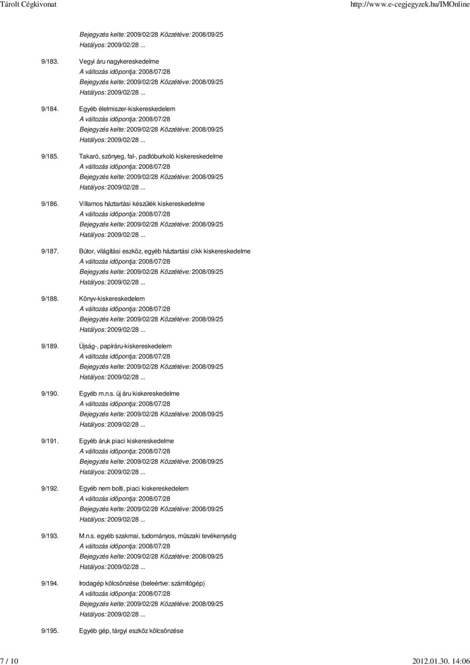 Bútor, világítási eszköz, egyéb háztartási cikk kiskereskedelme 9/188. Könyv-kiskereskedelem 9/189. Újság-, papíráru-kiskereskedelem 9/190. Egyéb m.n.s. új áru kiskereskedelme 9/191.